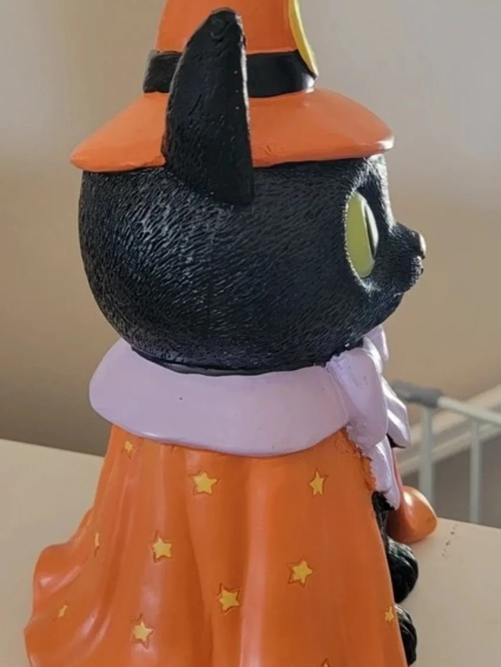 Black Halloween Cat Figurine with Orange Witch Hat and Cape
